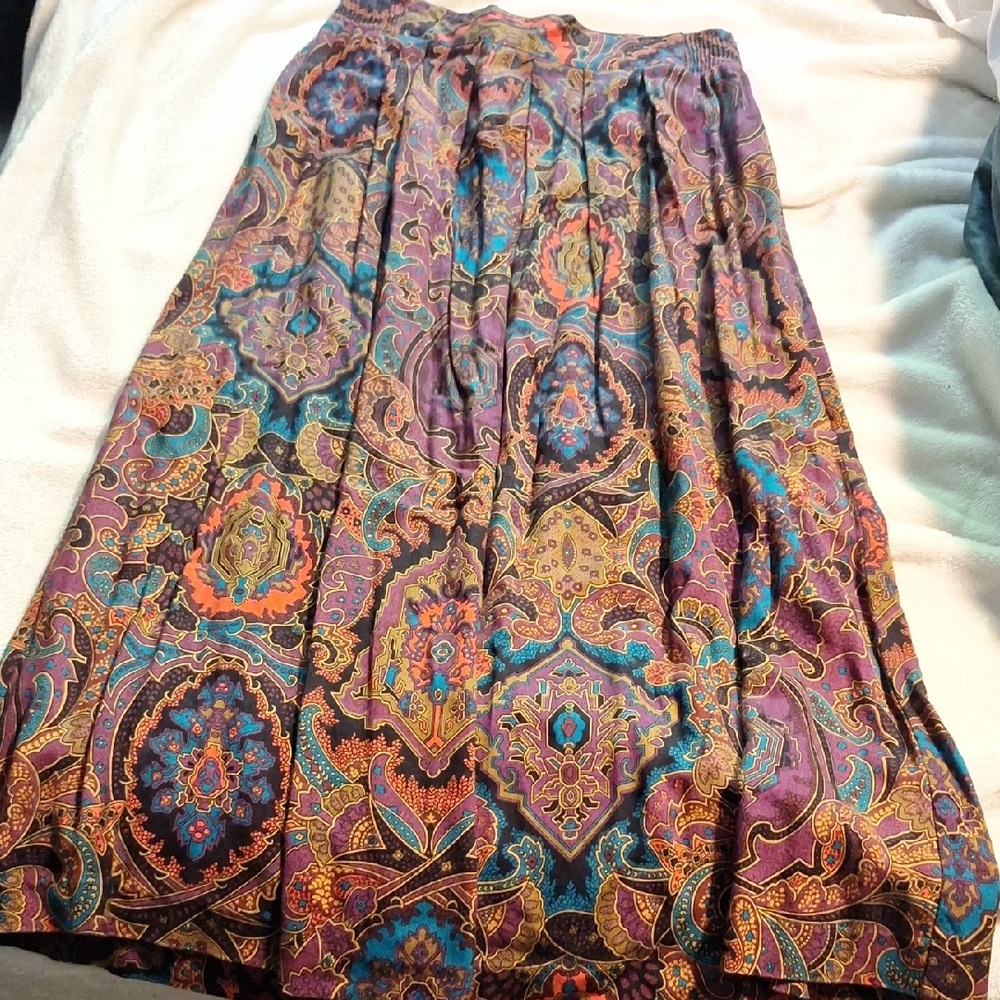 Norton McNaughton A-Line Pleated Maxi Skirt Blue and Orange